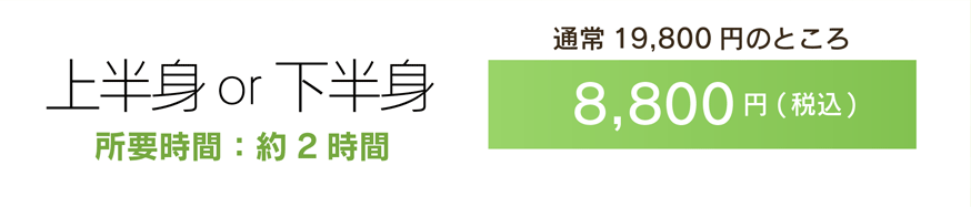 上半身＆下半身　所要時間：約2時間 通常19,800円のところ8,800円(税込)